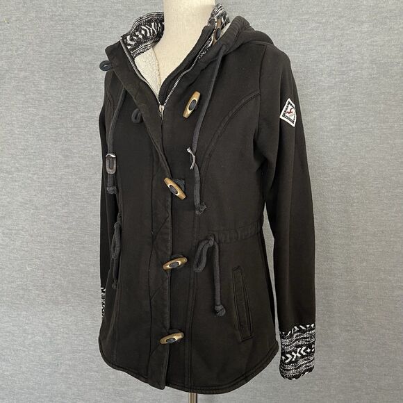 Hollister Hooded Zip Up Faux Fur Coat Size M Toggle Fair Isle Shearling Black - Picture 2 of 13